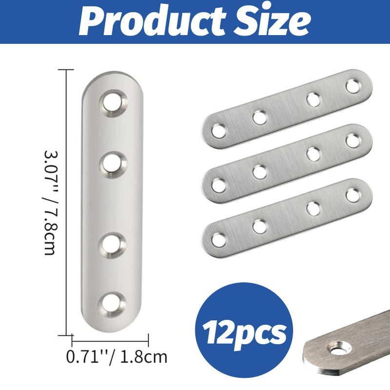 VinBee 12Pcs Flat Straight Brace Brackets with Screws 3 Inch Stainless Steel Mending Plates for Wood Fixing Connector Straight Repair Fixing Brackets Heavy Duty - Image 2